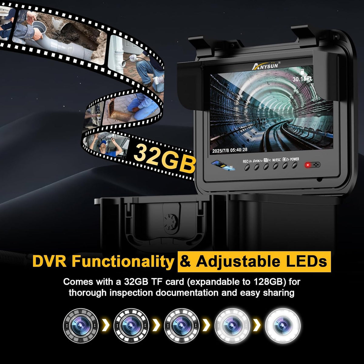 Anysun Endoscoopcamera, 1080p HD inspectiecamera, buizen met zelfnivellering, teller, DVR-recorder, IPR, 9 inch IPS-videoinspectie voor buizen, IP68, waterdicht (30 m)