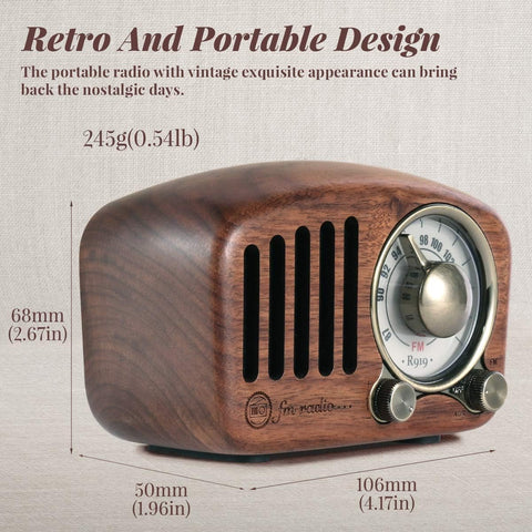 Draagbare Radio - Retro Radio - met FM - MP3-speler - via SD - Bluetooth - AUX - 270° Wijzerplaat - Battery-Aangedreven - 10.6 x 5 x 6.8 cm - Klassiek Walnoot Hout
