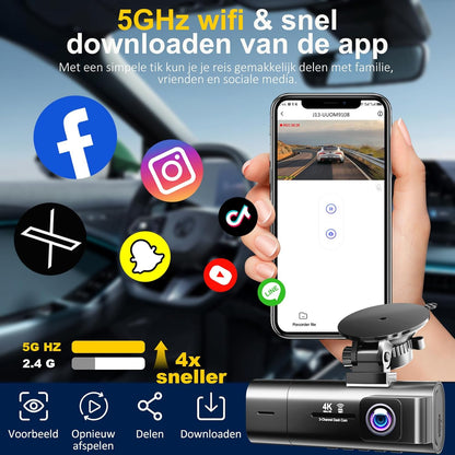 Dash Cam voor en achter binnen, 3-kanaals dashcam voor auto, 5G WiFi-autocamera met 64GB SD-kaart, 4K+1080P+1080P Triple Lens Dash Camera, 3,1 inch scherm, 170° groothoek, nachtzicht, parkeermodus