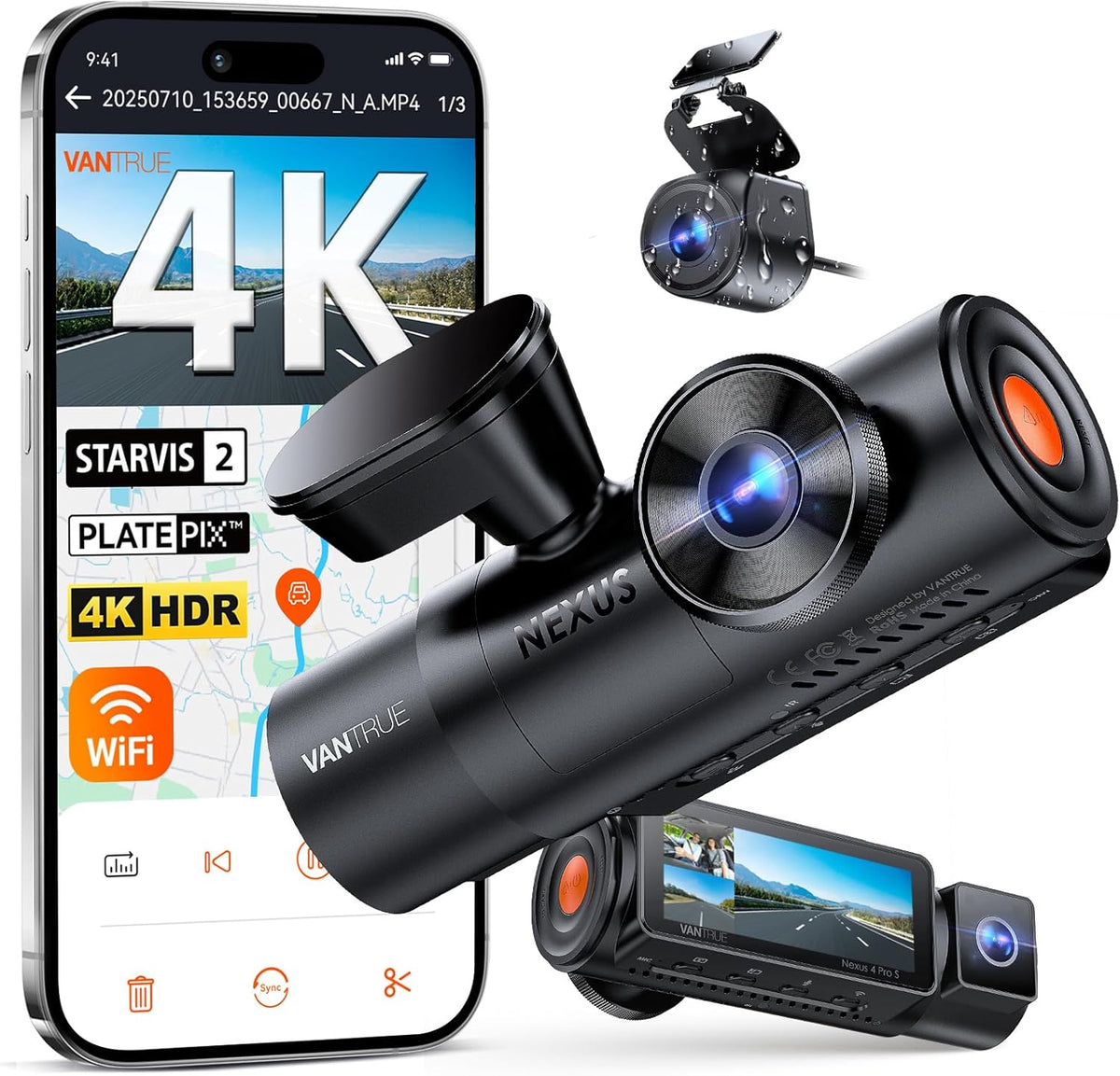 VANTRUE Starvis 2 N4 Pro S 4K dashcam voor de auto, 3-kanaals 4K + 1080P + 1440P met GPS, parkeerbewaking 24 uur, spraakbediening, IR-nachtzicht, LTE