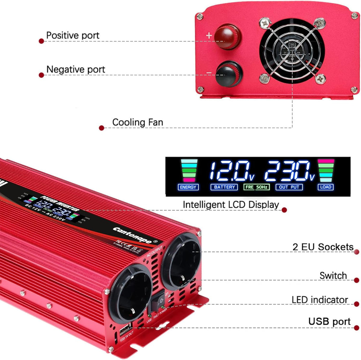 1500 W, 12 V naar 220 V/230 V, gemodificeerde sinusgolf, omvormer, gelijkstroom-omvormer, spanningsomvormer voor auto, vrachtwagen, met poort