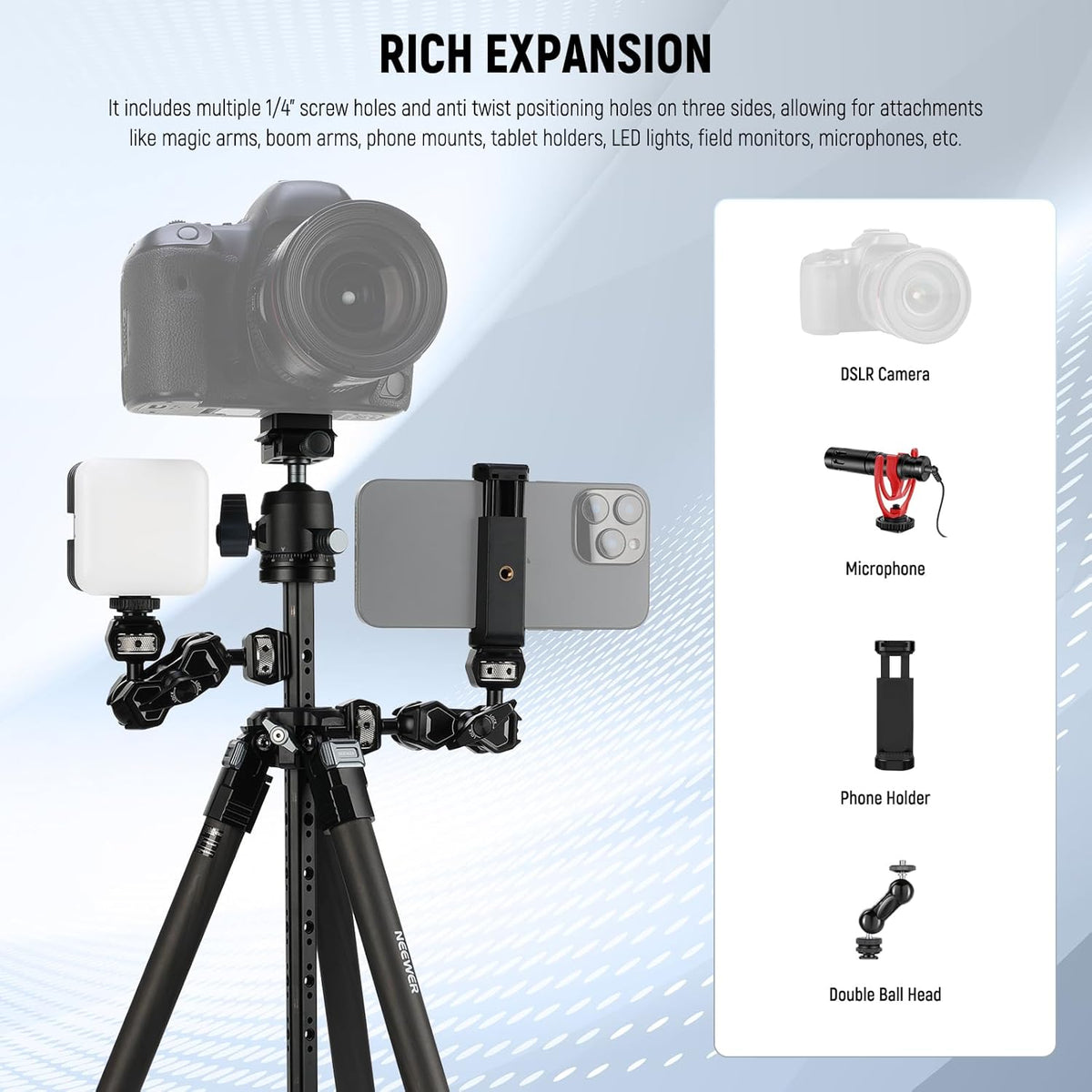 NEEWER 60 inch reisstatief koolstofvezel met afneembare 360° kogelkop, lichtgewicht videocamerastandaard met metalen snelklapgesp, Arca type QR-plaat compatibel met Peak Design Capture V3, LT36
