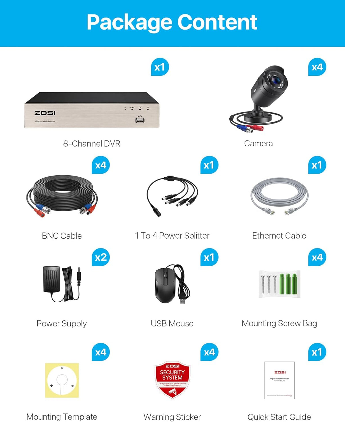 ZOSI 1080p Bewakingscamera Set voor Buiten, 8CH 5MP Lite DVR met 4 Outdoor 1080p Beveiligingscamera Systeem zonder Harde Schijf, 24m IR Nachtzicht, Bewegingsalarm