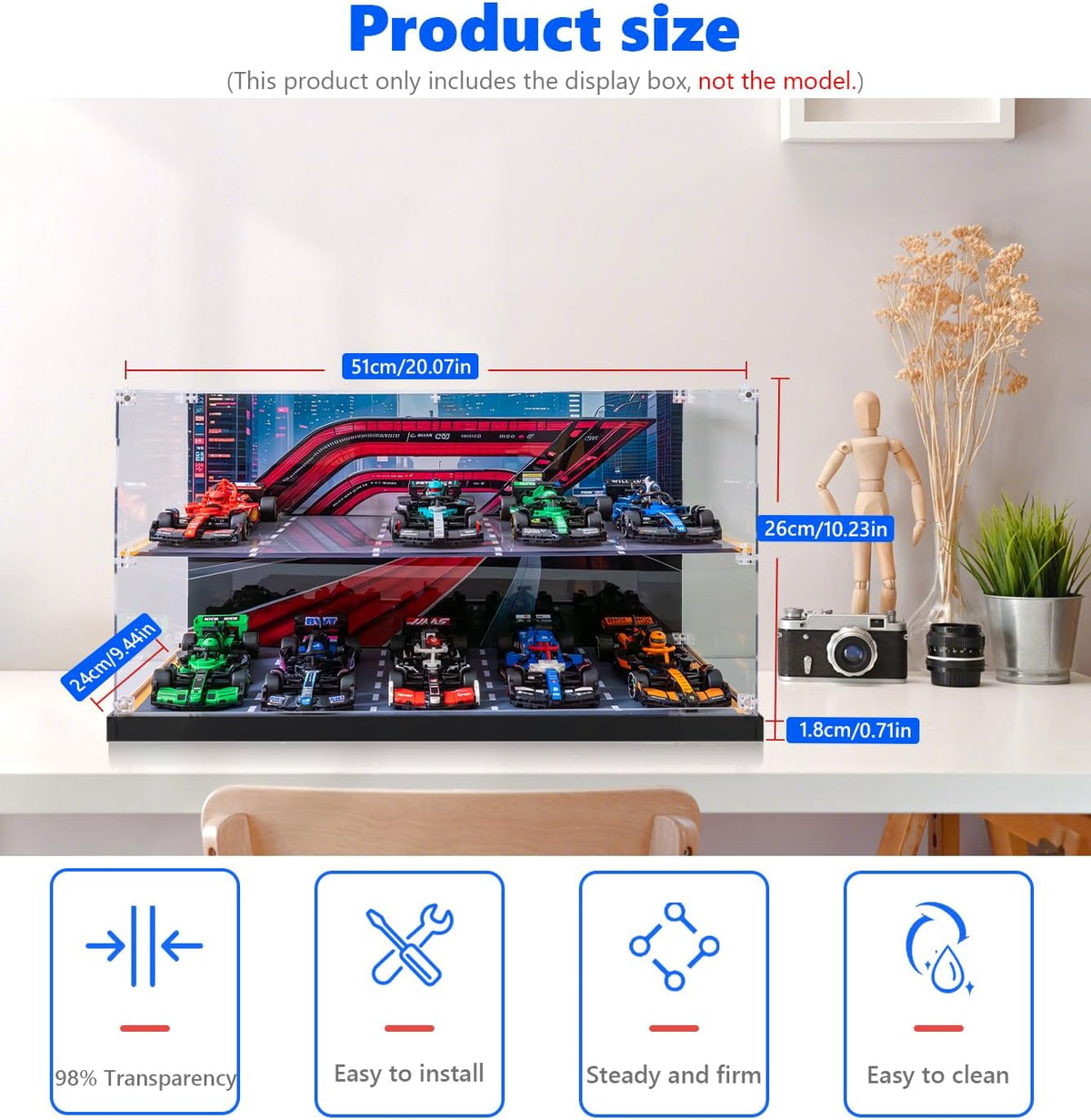Acryl vitrine voor Speed Champions 10-in-1 F1 Car 77242,77243,77244,77245, organisatievitrine voor Vitrine 77246, 77247, 77248, 77249, 77250, 77251 (alleen displaycase, geen model)