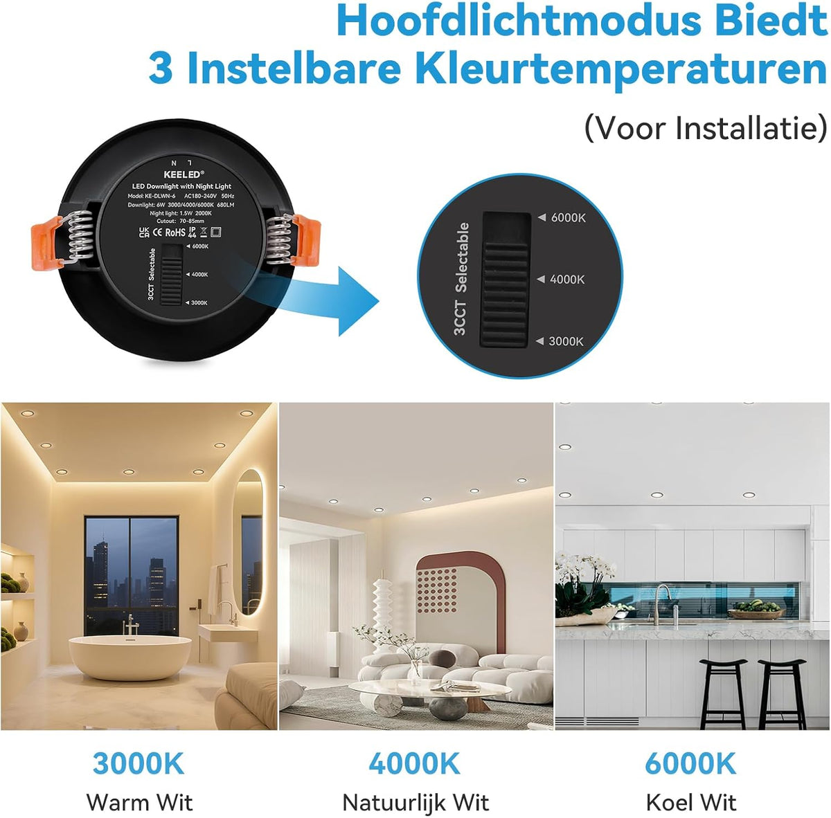 KEELED Zwarte Inbouwspots voor Plafond, Inbouwverlichting met Nachtlampfunctie, 230V, 6W, 3 kleurtemperaturen 3000K/4000K/6000K selecteerbaar, 70-85mm inbouwgat, 24 stuks
