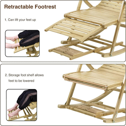 FATIVO Klapstoel, schommelstoel, bamboe, verstelbaar, 5 niveaus, schommelstoel met balkon, tuin, met massage, voetensteun, armleuning en kussen, maximale belasting van 150 kg