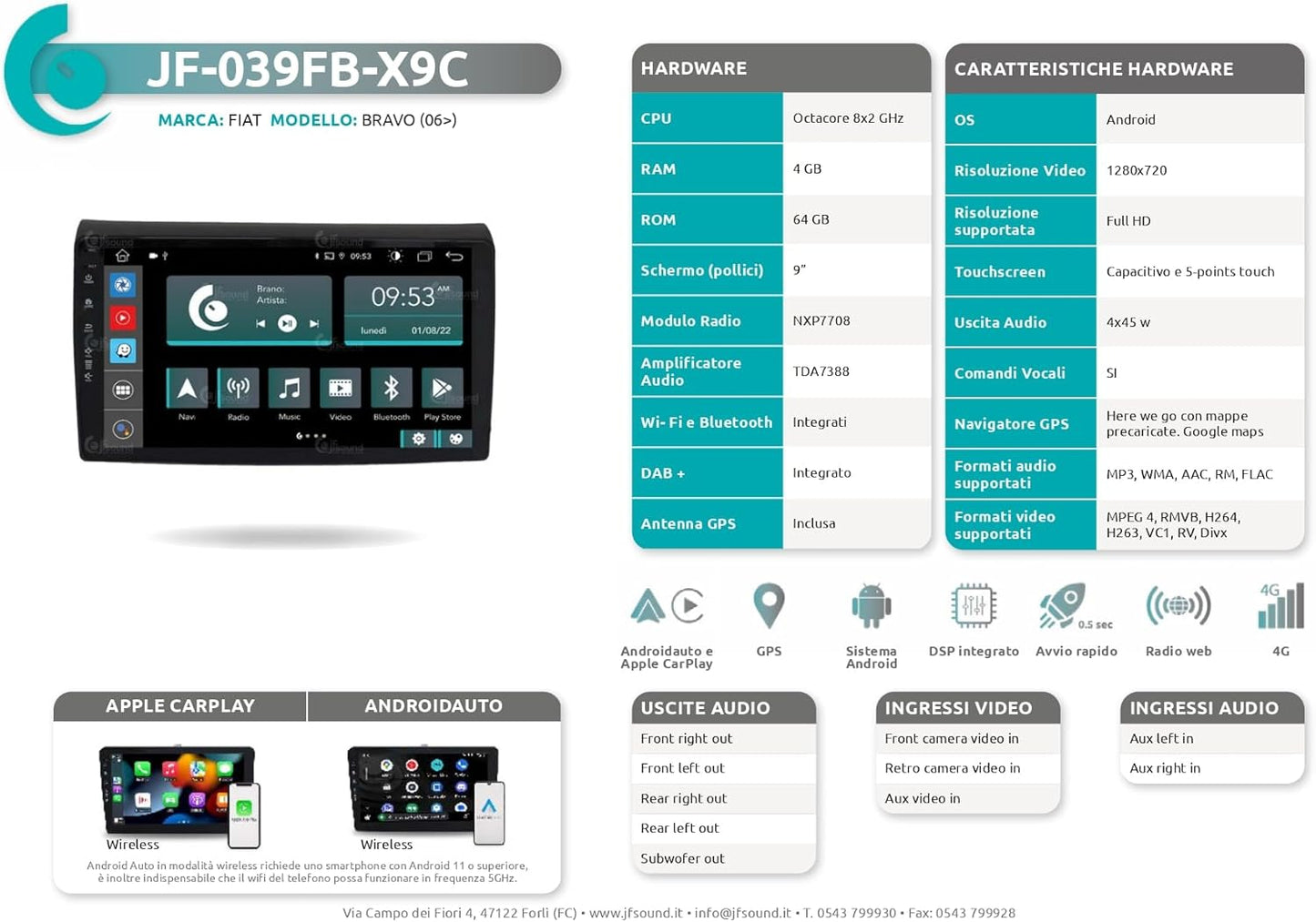 Autoradio Fiat Bravo 2007-2014 – Multimedia Speler – Inbouw Radio – Navigatiesysteem – Touchscreen Autoradio – 9 Inch Scherm – 8-Core Processor – Bluetooth & Apple CarPlay