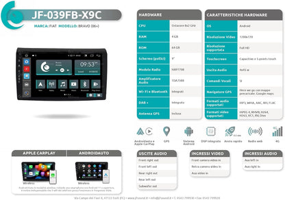 Autoradio Fiat Bravo 2007-2014 – Multimedia Speler – Inbouw Radio – Navigatiesysteem – Touchscreen Autoradio – 9 Inch Scherm – 8-Core Processor – Bluetooth & Apple CarPlay