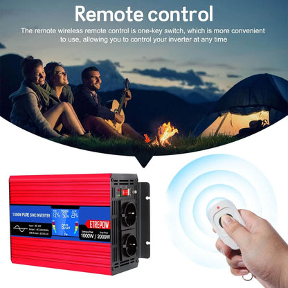 1000w/2000W Omvormer Zuivere Sinus Spanningsomvormer 12v 230v Stroomomvormers met 2 EU-stopcontact en 1 USB-poort, Draadloze Afstandsbediening, LCD-Scherm