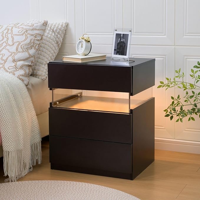 Nachtkastje met LED - Kast - Tafel - Slaapkamerdecoratie - Opbergruimte - 60 cm x 37 cm x 50 cm - Zwart