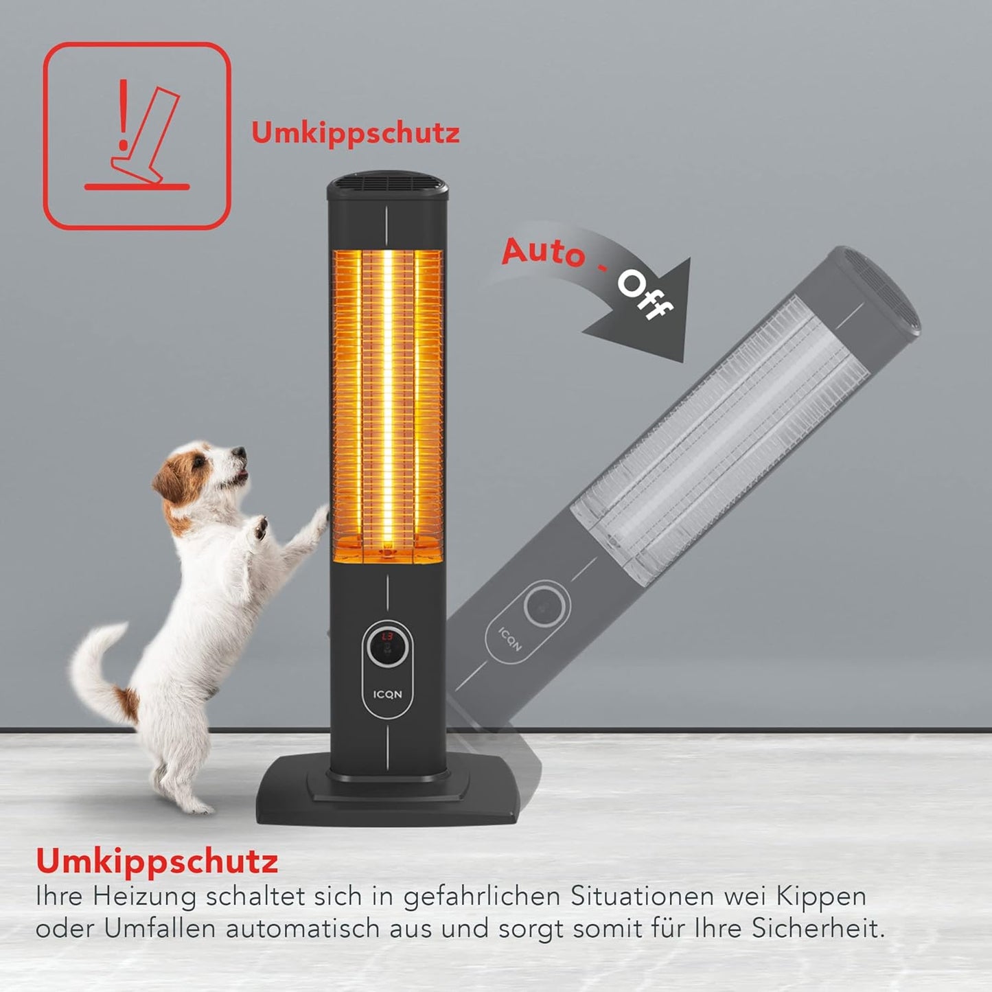 ICQN Staande warmtestraler met afstandsbediening, 2300 watt, Infraroodverwarming voor binnen en buiten, staande warmtestraler, IP20, digitaal display
