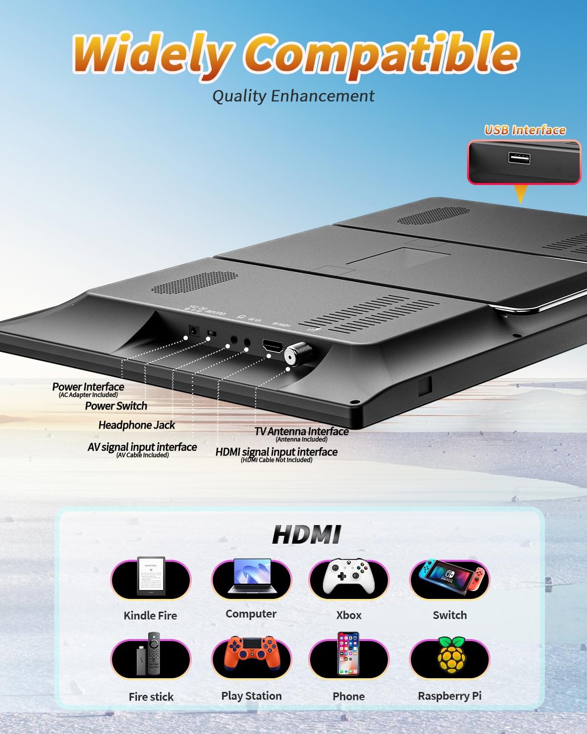 DESOBRY 19-inch tv, mini-tv met geïntegreerde 1080P kleine tv met antenne, digitale DVB-T2-tuner, HDMI AV USB, draagbare auto-tv voor kamperen, camper, keuken