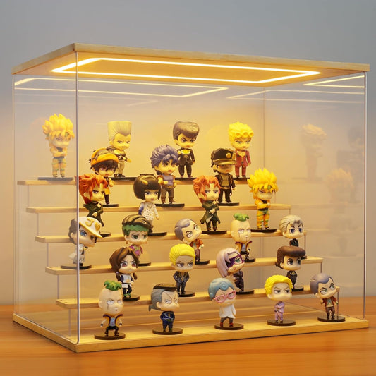 Doorzichtige Acrylen Vitrine met Licht Verlichting, 3/4/5/6 Laags Stofdichte Bescherming LED Displaykast voor Miniaturen, Modelauto’s, Actiefiguren (Hout, 6 Laags-50x32x42cm)