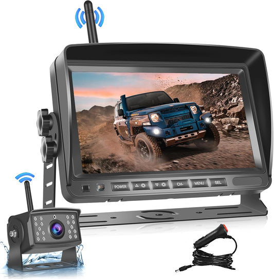 Hodozzy Digitale achteruitrijcamera, draadloos, 7 inch, IPS-monitor, AHD, waterdichte achteruitrijcamera, nachtzicht, video-opname, achteruitrijcamera, draadloos, 12 V-36 V