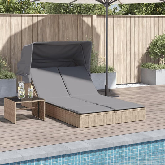 Gecheer Double Sun Lounger with Canopy and Poly Rattan Cushion Professional Sun Lounger Outdoor Garden Lounger Sun Lounger Sun Lounger Sun Lounger P368640 - QUORE