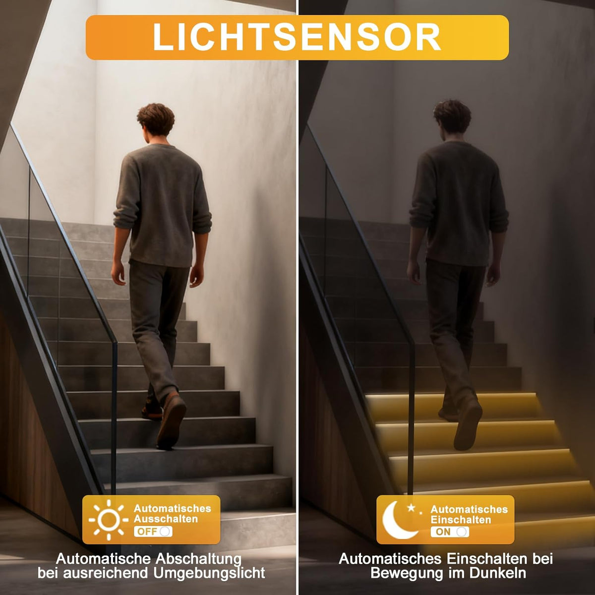 Intelligente led-trapverlichting, 20 niveaus, koudwit, 6000 K, automatische Smart Stair Lighting met PIR-bewegingssensor, lichtsensor en draadloze bediening, complete set voor binnen