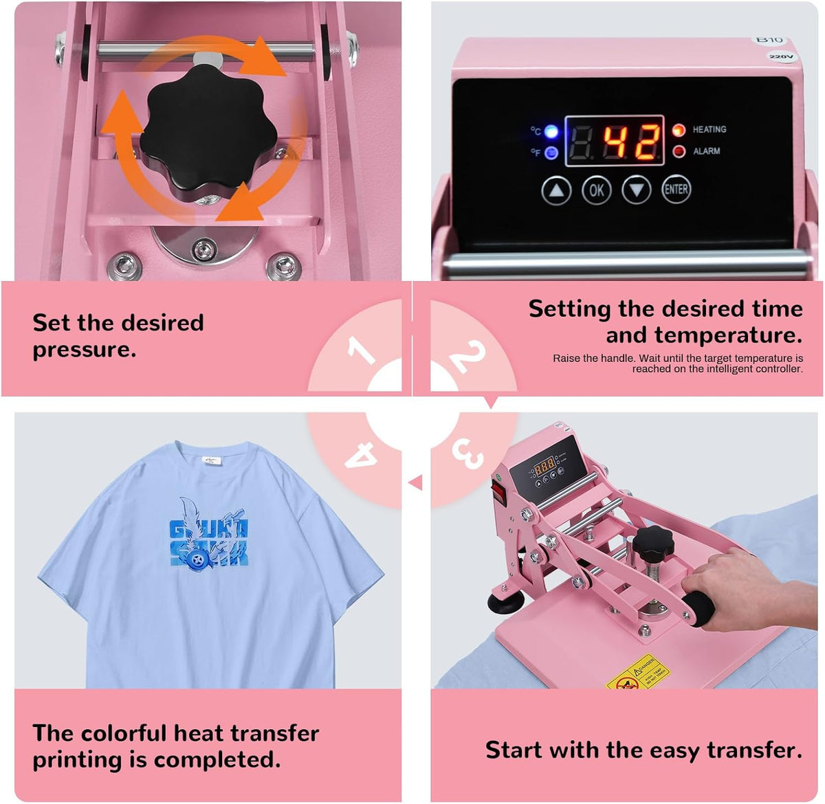 Warmteoverdrachtspers 30 x 23 cm 0-250 °C, roze T-shirt met lcd-temperatuur- en tijdregeling, hittepers voor muismatten, tassen
