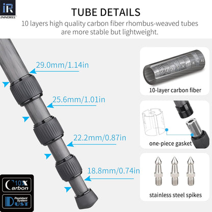 INNOREL RT75CM Koolstofvezel Statief 172 cm Professionele 2-in-1 Reisstatief & Balhoofd Kit Monopod Max Belasting 20 kg Max Buis 29 mm Heavy Duty Camera Ondersteuning met Middenkolom N44 Kogelhoofd