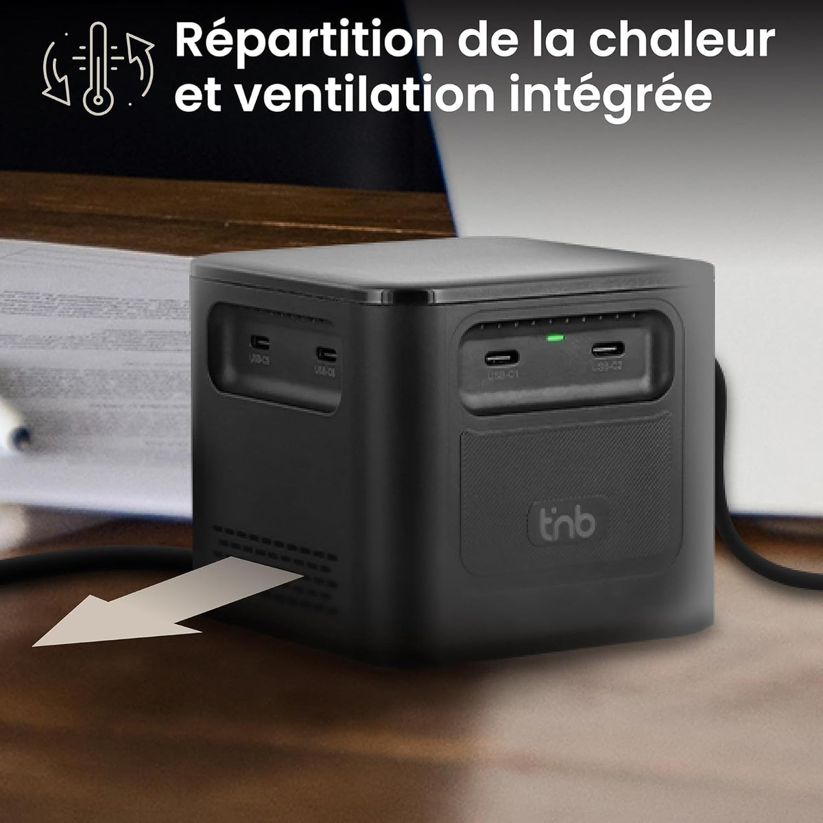 T'nB - Oplaadstation met 8 oplaadpoorten, PD 3.1-technologie, 380W, 6 USB-C-poorten en 2 USB-A-poorten, compact formaat - zwart