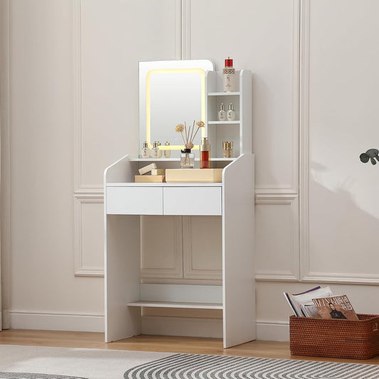 Small Makeup Vanity Desk 0151 Small Vanity Table with Mirror and Lighting, 2 Drawers, 3 Adjustable Color Brightness Levels for Bedroom, White - QUORE