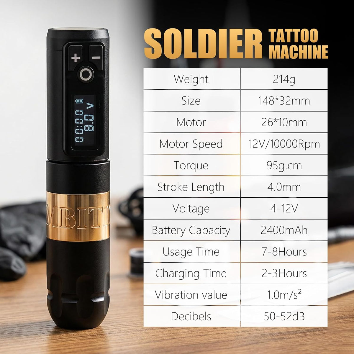 Ambition Soldier Rotary Tattoo Penset - Draadloos, duale accu's 20 tattoo cartridges, transferpapier, folie, inkttray en wegwerp handvat. Compleet voor tatoeëerders.