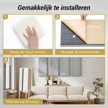 TONOR 4 PCS Groot Akoestisch Panel, 90 x 30 x 5.2 cm 3D Glasvezel Geluidsbescherming Panel met Volledige Zelfklevende, Decoratieve Echo Absorberende Muurpaneel, voor Studio, Woonkamer, Huis, Grijs
