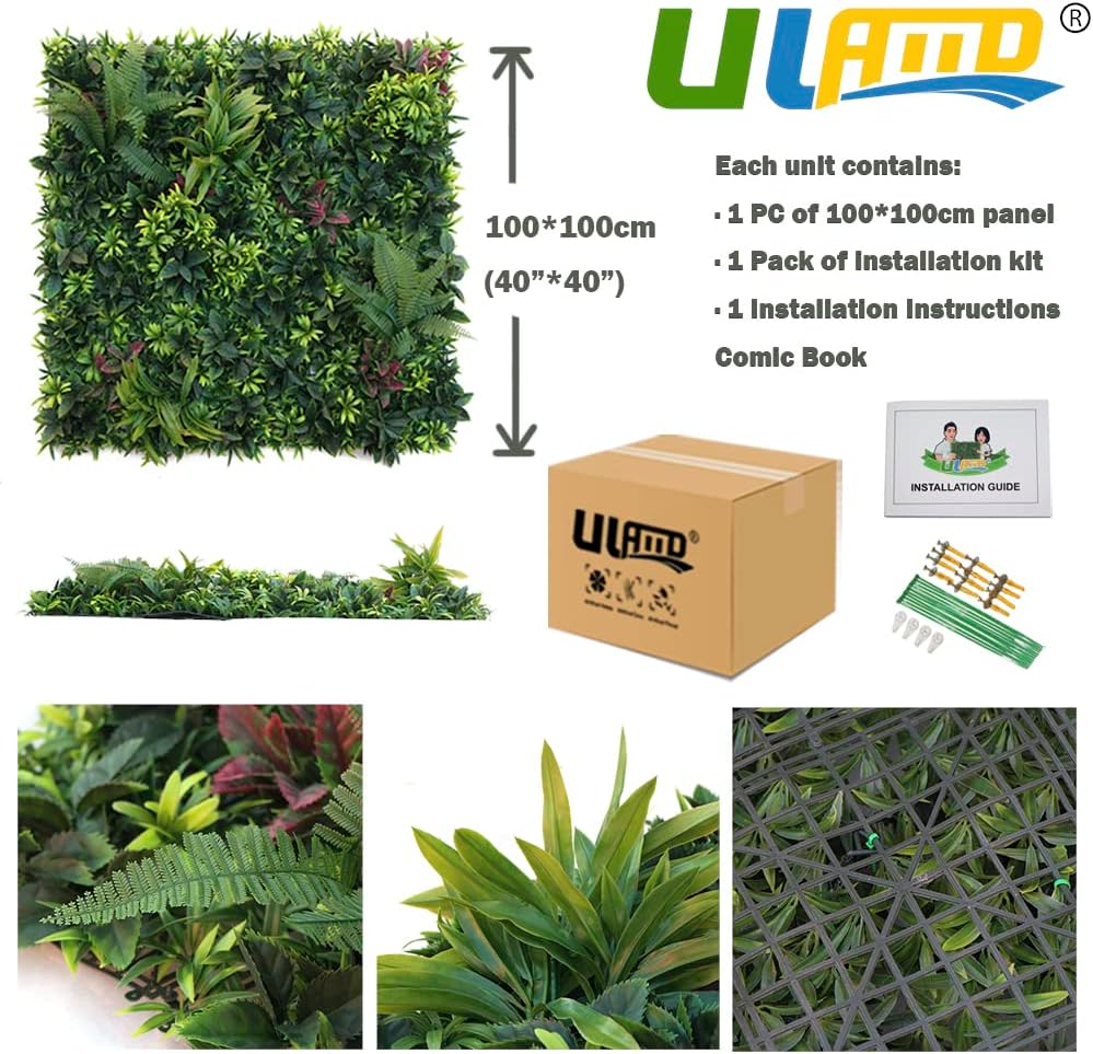 ULAND Kunstplant wandpanelen, 1 stuk van 1 m x 1 m kunstgroen, klimop Hedegs achtergrond, verticale tuin privacy hek scherm (B051JM)