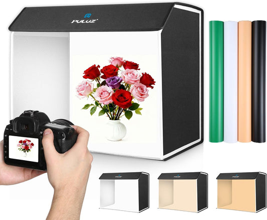 Fotobox, draagbaar lichtveld voor fotostudio, dimbaar, inklapbaar, PULUZ 60 x 40 cm, met 4 gekleurde achtergronden, voor sieraden, productfotografie