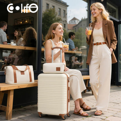 COOLIFE Set van 6 harde reiskoffers met uittrekbare reistas voor sport en toilettas, kofferset, TSA-familieslot en 360° wielen, Zwart Bruin, Bagage à Main, Harde koffer reiskoffer
