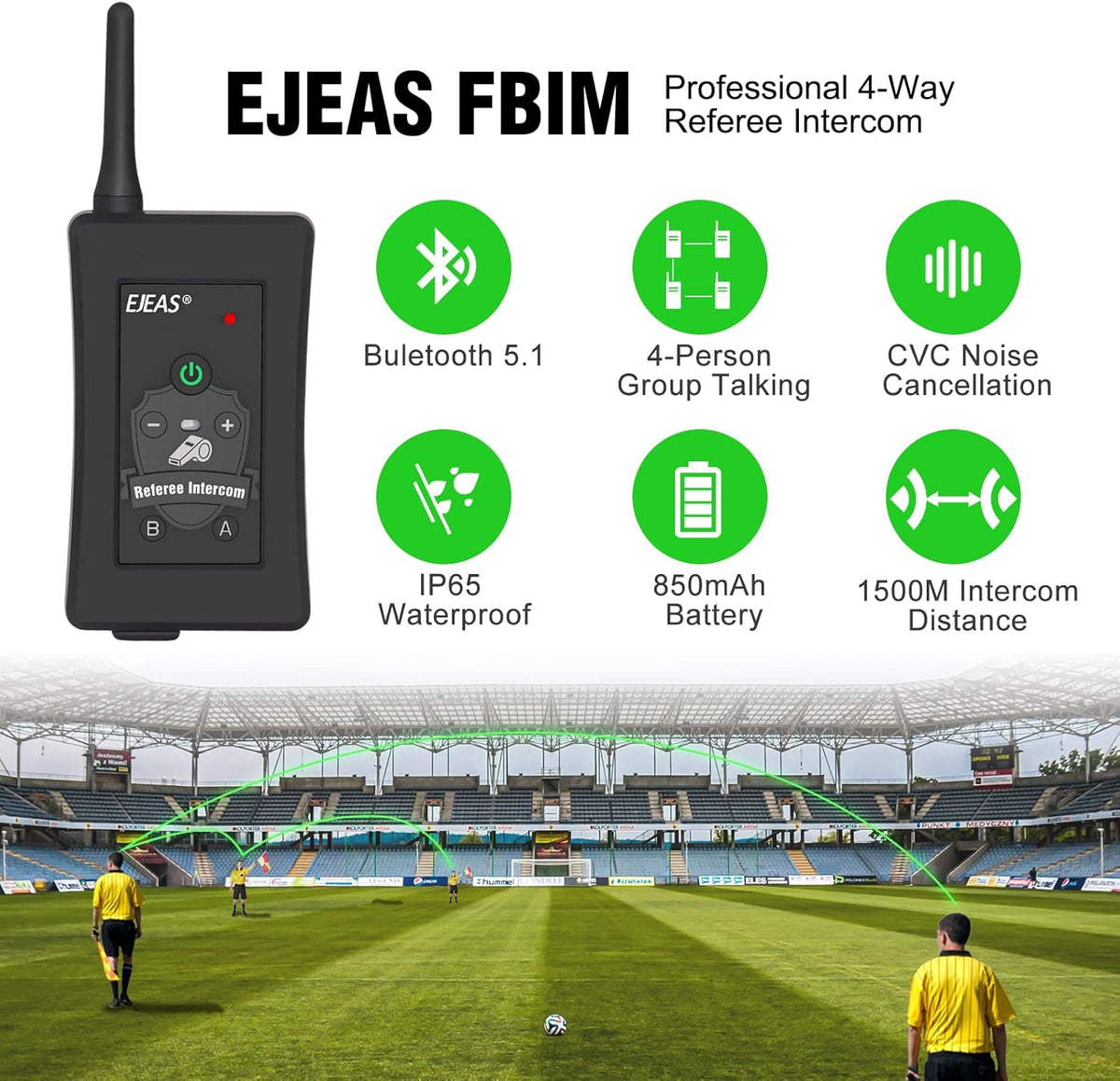 EJEAS FBIM Professionele Bluetooth-intercom voor scheidsrechter, 850 mAh volduplex 1500 M draadloze intercom met ruisonderdrukking voor voetbal en handbal (4 stuks)
