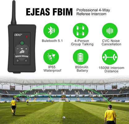 EJEAS FBIM Professionele Bluetooth-intercom voor scheidsrechter, 850 mAh volduplex 1500 M draadloze intercom met ruisonderdrukking voor voetbal en handbal (4 stuks)