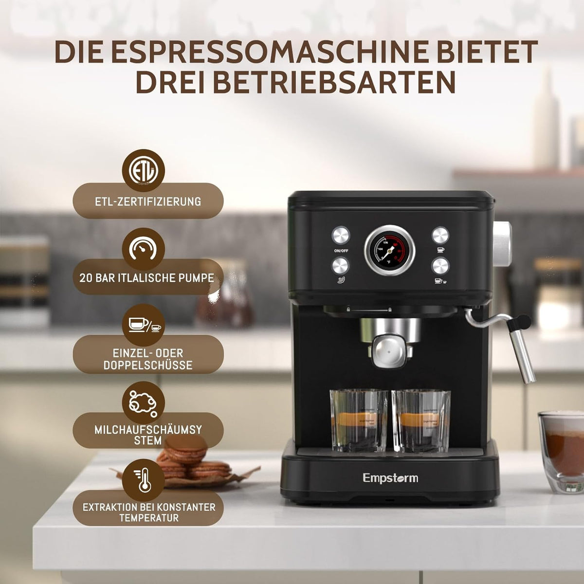 Empstorm Espressomachine, 20 bar, zeefvoermachine met melkstoomstaaf, 2-in-1 functie voor koffiecapsules en gemalen koffie, latte en cappuccinomachine, perfect voor thuis