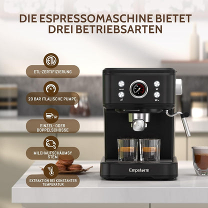 Empstorm Espressomachine, 20 bar, zeefvoermachine met melkstoomstaaf, 2-in-1 functie voor koffiecapsules en gemalen koffie, latte en cappuccinomachine, perfect voor thuis