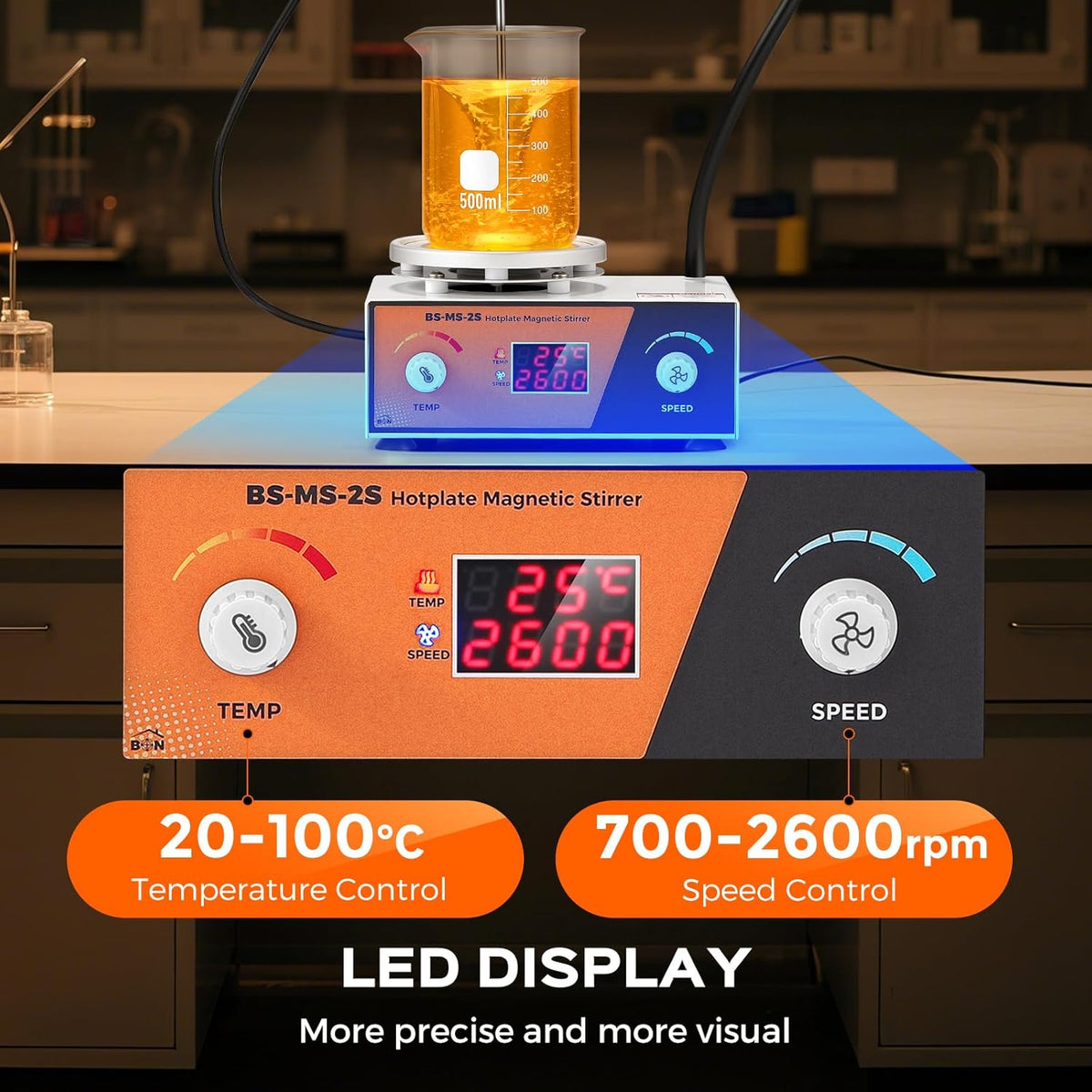 Bonviosin Magneetroerder, verwarmingsplaat, digitaal display, 2 liter, 700-2600 rpm, laboratoriummixer, 100 graden Celsius, met buigbare sensor-steunstaaf, 120 x 120 mm, magneetroerder, mixer, 180 W