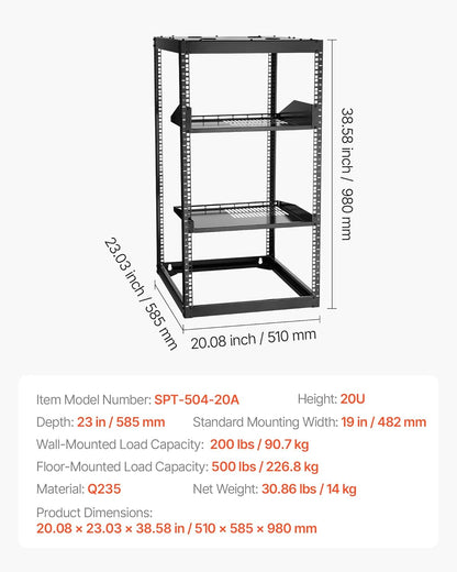 VEVOR 20U Open Frame Netwerk Rack, 58,4 cm diepte, wandmontage of staande serverrek, Heavy Duty 4 Post, met geventileerde planken en montagehardware, houdt al uw netwerk-IT-apparatuur AV-apparatuur
