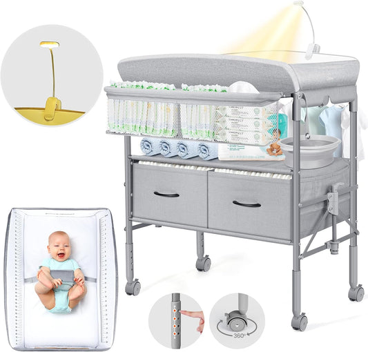 Orzbow Draagbare Baby Luiertafel met Laden en Nachtlampje, in Hoogte Verstelbaar Babyverschoontafel met Veiligheidsgordel, Opvouwbaar en Mobiel Verzorgingstafel, Ruime Opbergruimte, Grijs