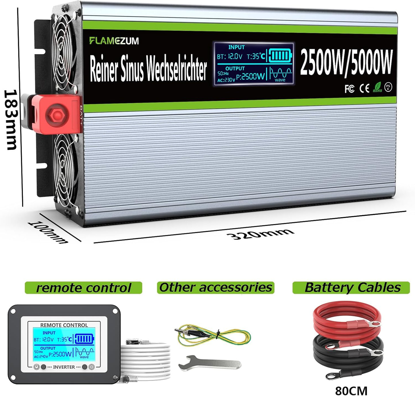 Omvormer 12v naar 230v Zuivere Sinus 2500w Converter Power Inverter Converter met LED-display & EU AC-Stopcontacten & 2 USB-poorten Voor Auto,Caravan,Boot,Camping