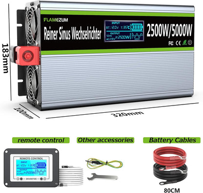 Omvormer 12v naar 230v Zuivere Sinus 2500w Converter Power Inverter Converter met LED-display & EU AC-Stopcontacten & 2 USB-poorten Voor Auto,Caravan,Boot,Camping