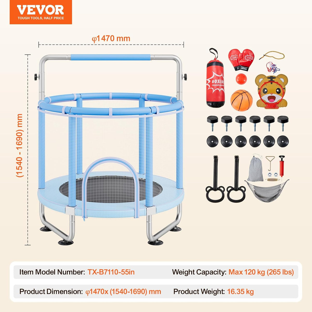 VEVOR Trampoline voor kinderen voor binnen en buiten, mini-trampoline voor peuters met veiligheidsnet en basketbalring, voor kinderen vanaf 3 jaar, 1470 x (1540-1690) mm, blauw