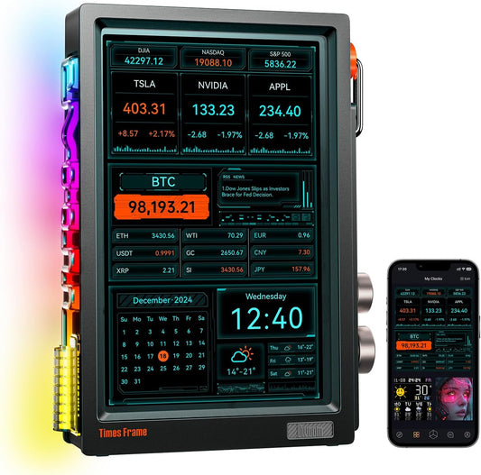 Divoom Times Frame Transparante digitale fotolijst (10,1 inch) met wifi en 64 GB, IPS-display met zwevend effect en RGB-draaiknop, 400+ wijzerplaten, widgets en pixel-art community (zwart)
