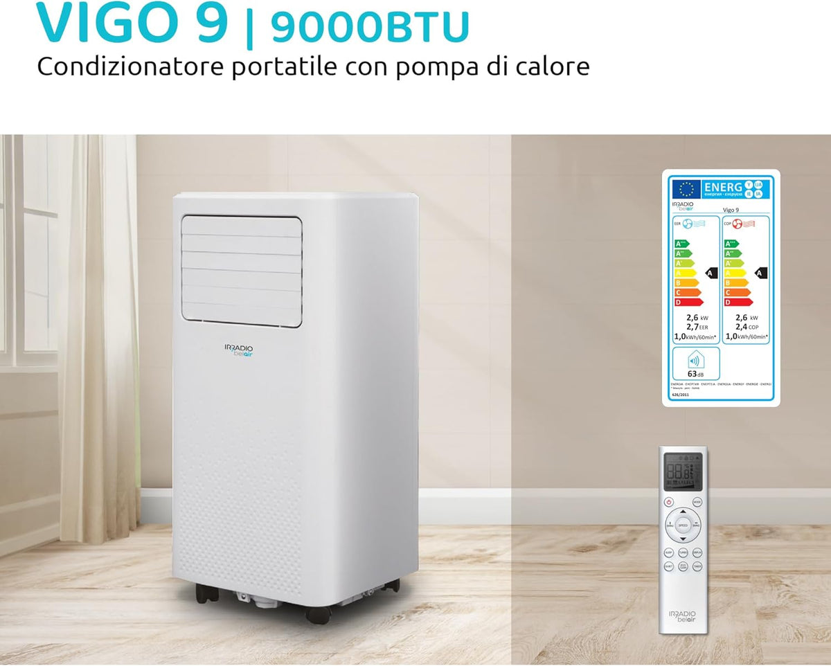 Vigo 9 Draagbare airconditioner, 9000 BTU, met warmtepomp en luchtontvochtiger, R290-gas, geavanceerde functies, draadloze lcd-afstandsbediening, programmeerbare timer en wielen, 63 dB