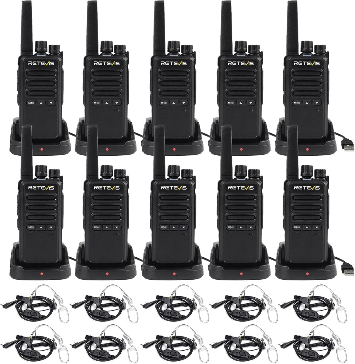 Retevis RT668B Portofoon met Oortje, PMR446, USB-C, 16 Kanalen, Oplaadbare Portofoon voor Beveiliging, Restaurants, Magazijnen (10 Stuks)