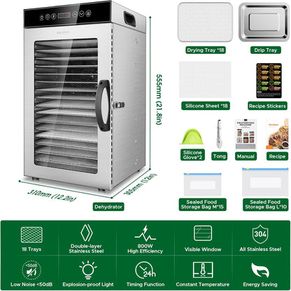 Kwasyo Commerciële Voedsel Dehydrator Machine 18-Tray, 800W Sneldrogende Dehydrater, 24H Timer, LED Display, Roestvrij Staal Dehydrator voor Vlees Jerky Rundvlees Fruit Kruid