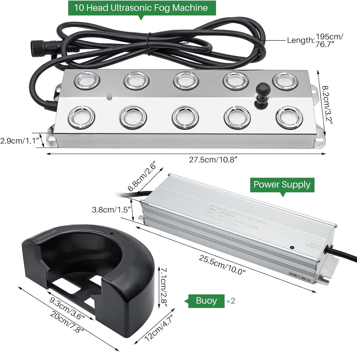 10 kops 7L/H ultrasoon nevelgenerator met 350W waterdicht voedingsapparaat Zwaar nevelgenerator voor binnenplaats, luchtbevochtiger, vijvernevel, voor tuinbouw, kaslandschap