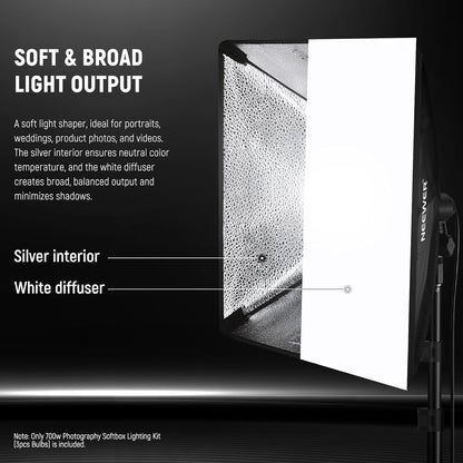 NEEWER Softbox verlichtingsset, equivalent aan 700 W, verpakking van 3 stuks, CE & UKCA gecertificeerde 5700 K led-gloeilampen, 61 x 61 cm softboxen met E27-fitting, continue fotografieset, fotostudio