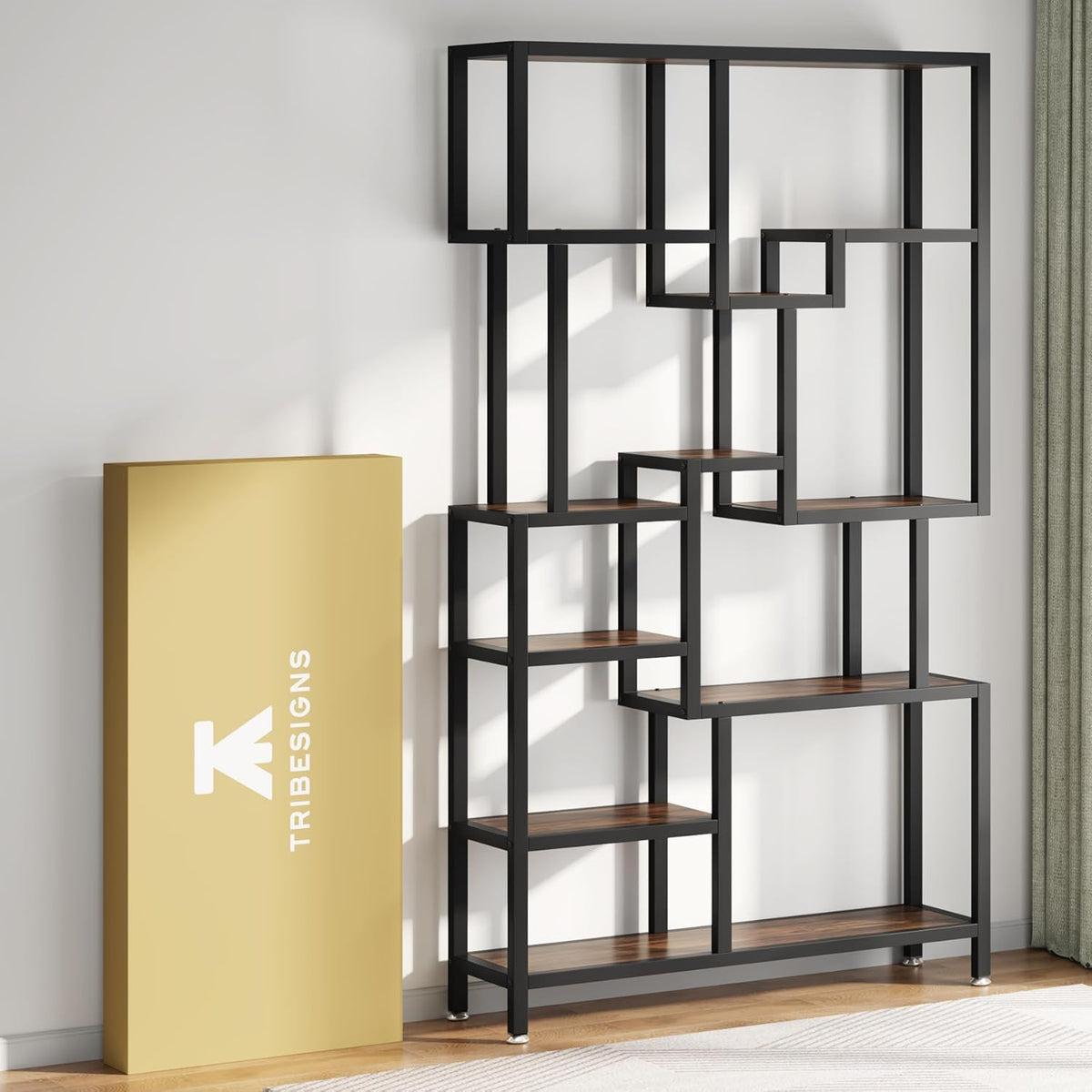 Tribesigns Industry 7 Tier Bookcase, 180 cm Tall Floor, Wooden Bookcase, Open Exhibition Rack with Metal Frame for Living Room, Home Office, Rustic Brown