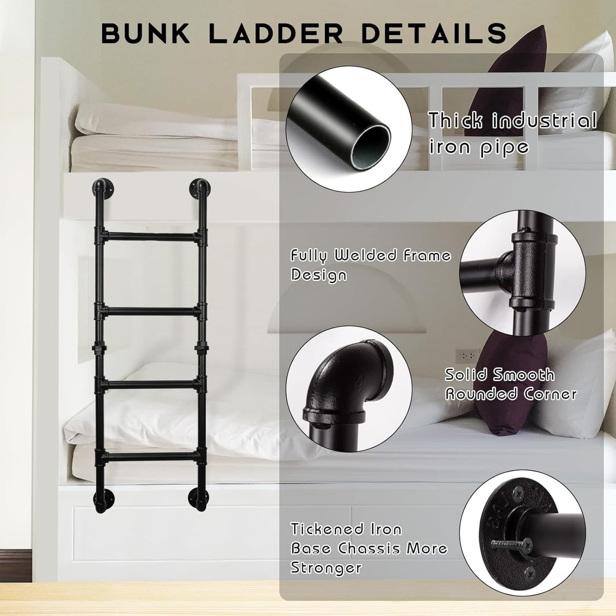 Stapelbed ladder met 5 treden, 15 x 3 m, wandmontage, kelder, raam, fontein, ladder, zwart smeedijzer, industriële buis, step-ladds, metalen binnenladders voor buiten