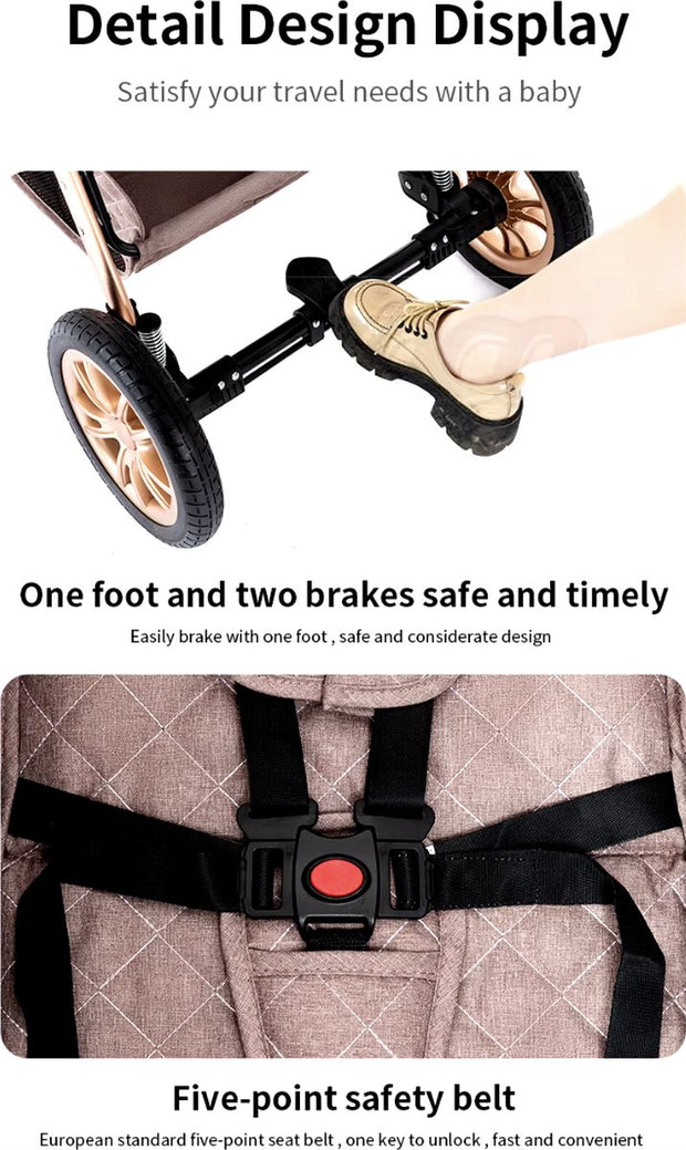 Kinderwagen 3 in 1 - Kinderwagen - Bedje - Buggy - Autostoel - Opvouwbaar - Aluminium frame - Blauw - Goud - Bruin