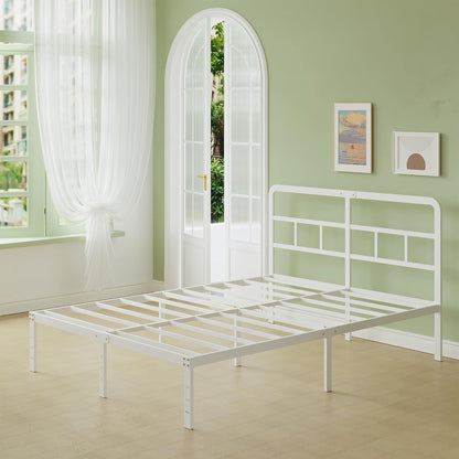 Lutown-Teen Metalen Bedframe 135x190 cm met Gebogen Hoofdbord, Hoogte 36cm, Dubbelbed Frame 135 x 190 met Lattenbodem Van Metaal, Opbergruimte onder het bed, Eenvoudige Montage, Wit