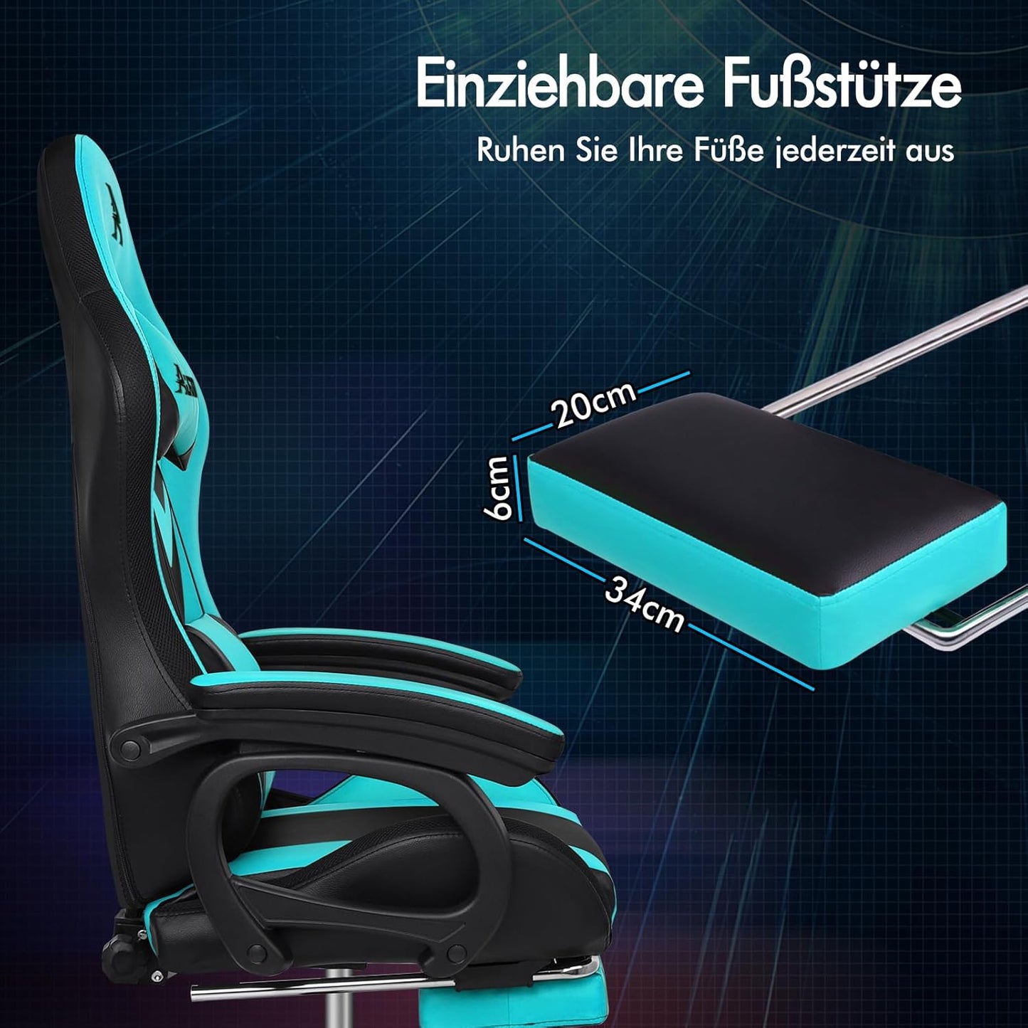 ALFORDSON Gaming Chair, Office Chair, Swivel Large Massage Chair with 8 Points, RGB LED Light, 12 Colours, Ergonomic with Footrest, Headrest and Lumbar Cushion, Cyan - QUORE